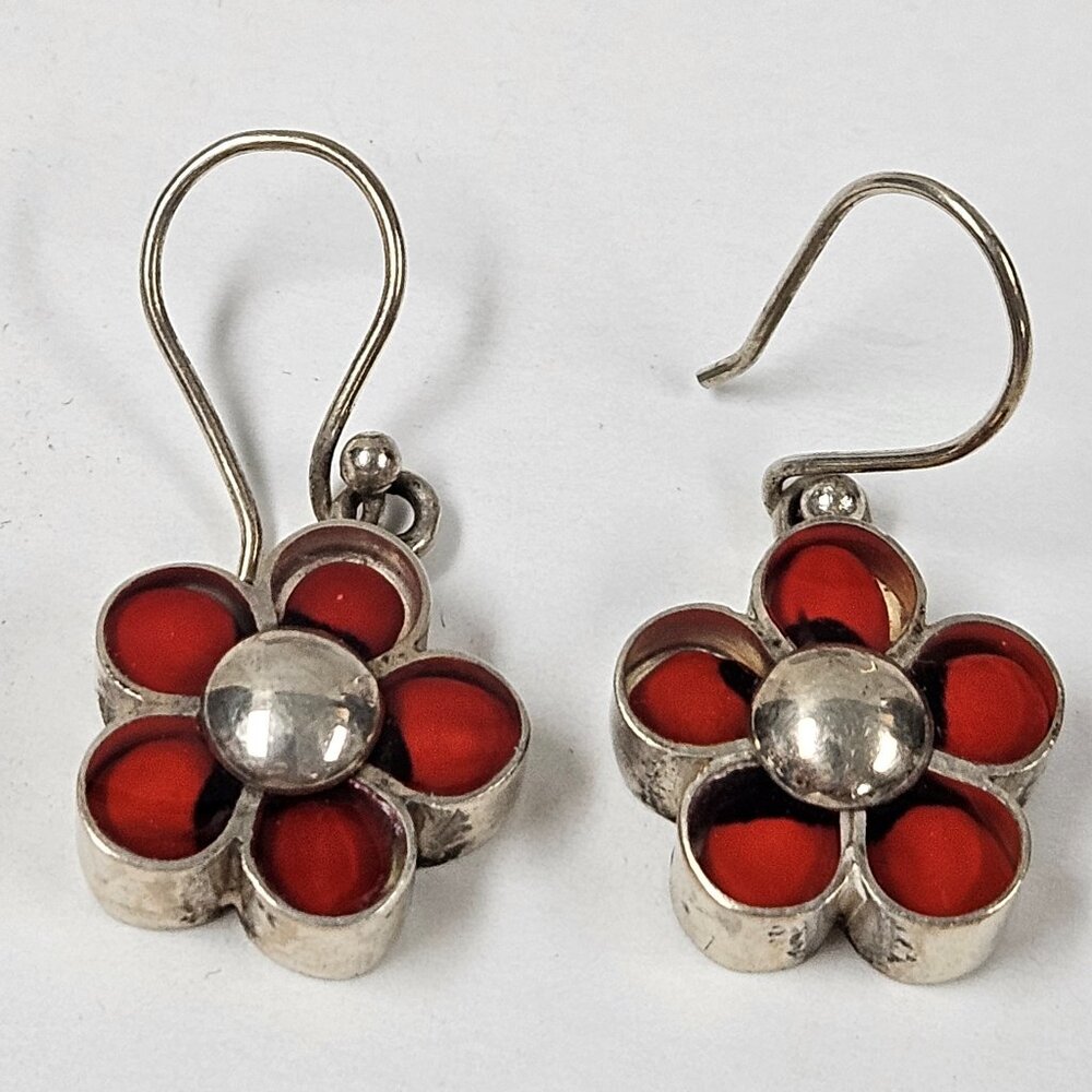 Sterling Silver Dangle Earrings Orange Flower Boho Nature Inspired Jewelry - SB4